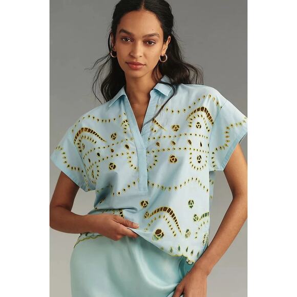 Maeve by Anthropologie Blouse Small Light Blue Short-Sleeve Boxy Eyelet Top - Picture 1 of 8